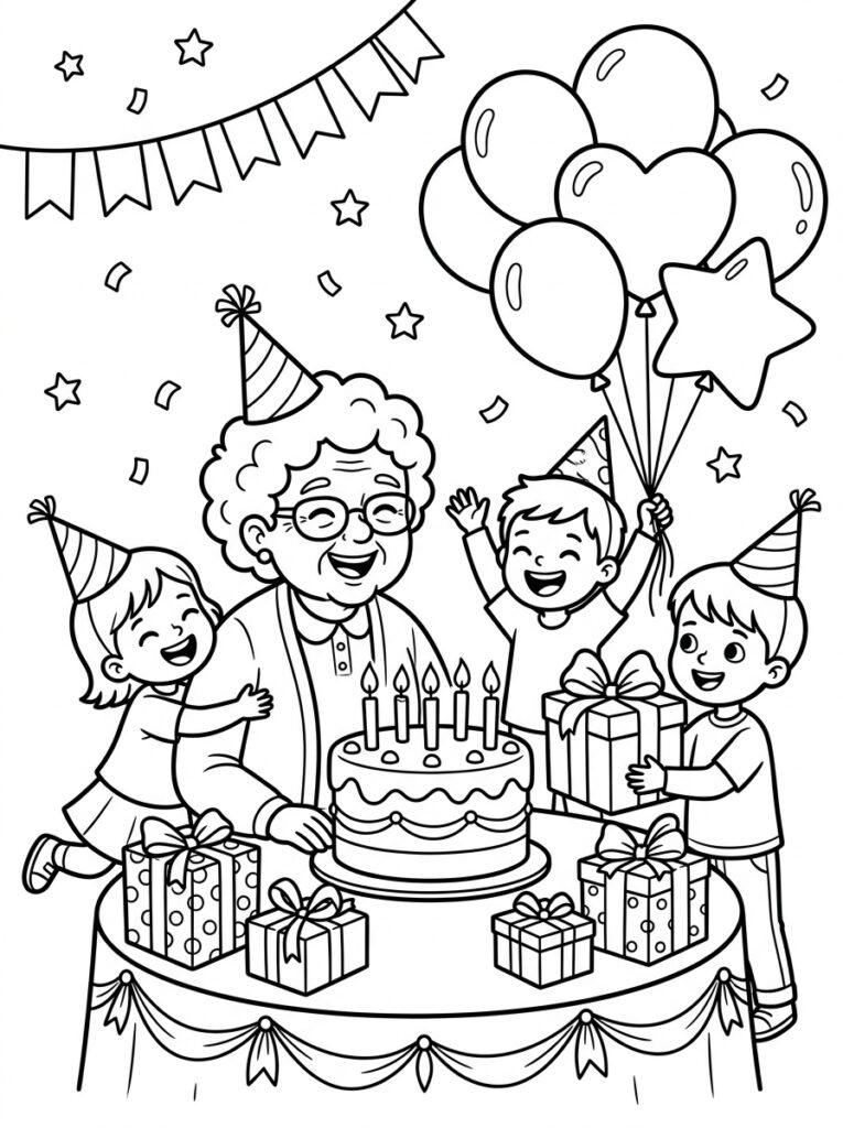 Oma met drie kinderen bij taart en ballonnen