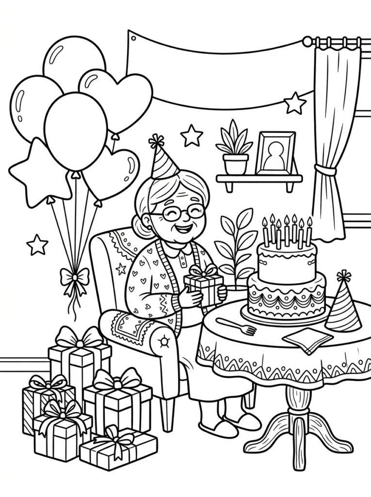 Oma met bril in stoel bij taart en cadeau