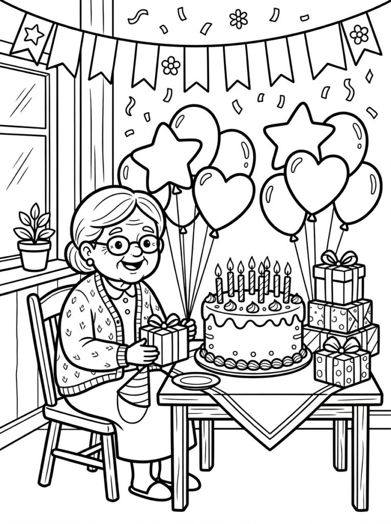 Oma met bril houdt cadeau vast bij verjaardagtaart