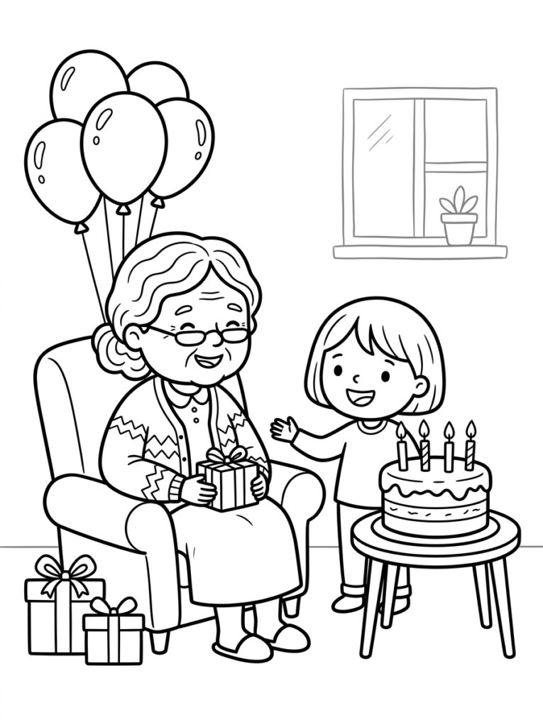 Oma in stoel met meisje en taart met kaarsen
