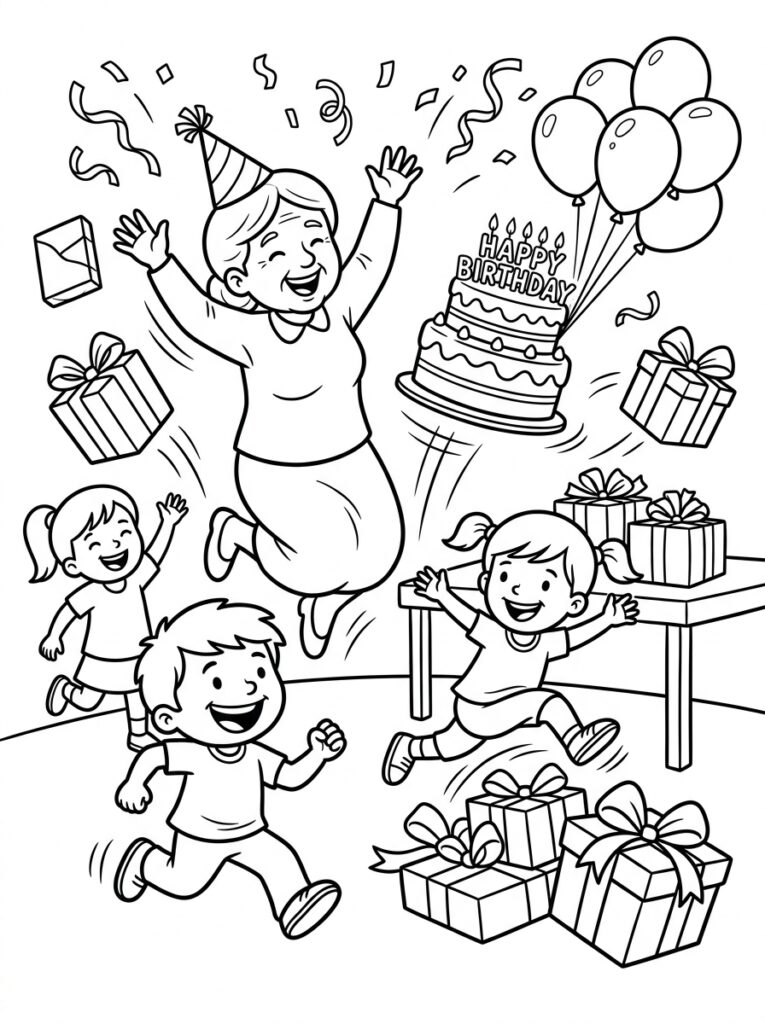 Oma met feestmuts springt met drie kleinkinderen