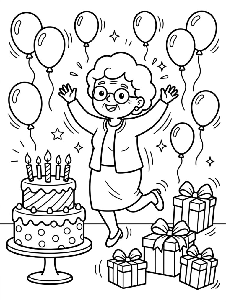 Oma met bril springt bij verjaardagstaart en ballonnen