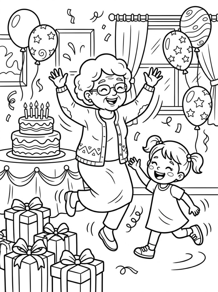 Oma danst met kleindochter naast taart en ballonnen