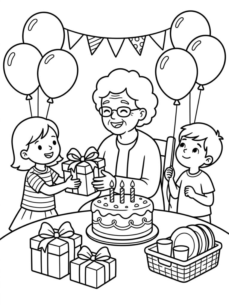 Oma ontvangt cadeau van kleindochter en kleinzoon