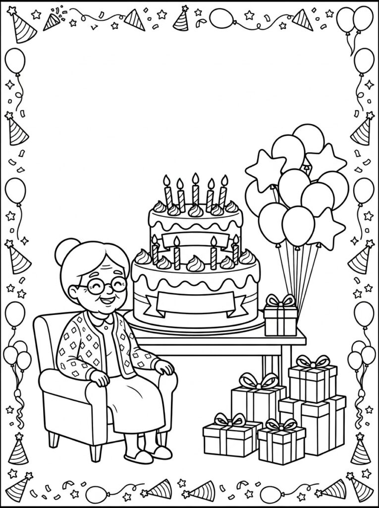 Oma in stoel naast taart met ballonnen en cadeaus