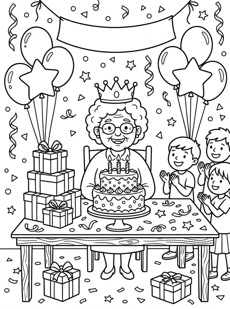 Oma met kroon aan tafel met drie kinderen en taart