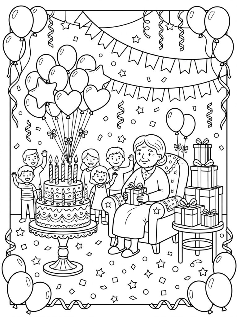 Oma in stoel met cadeau omringd door kinderen en ballonnen