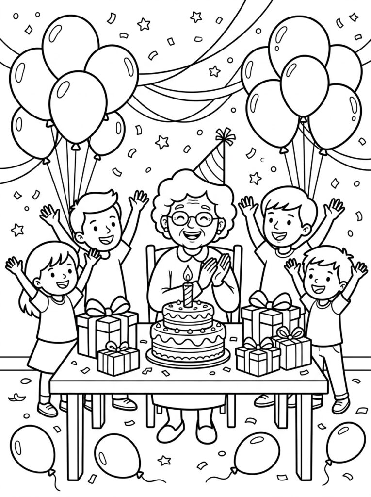 Oma met vier kinderen bij taart en ballonnen