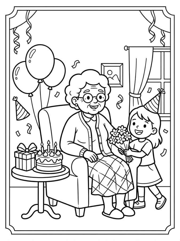 Oma en meisje met bloemen en taart