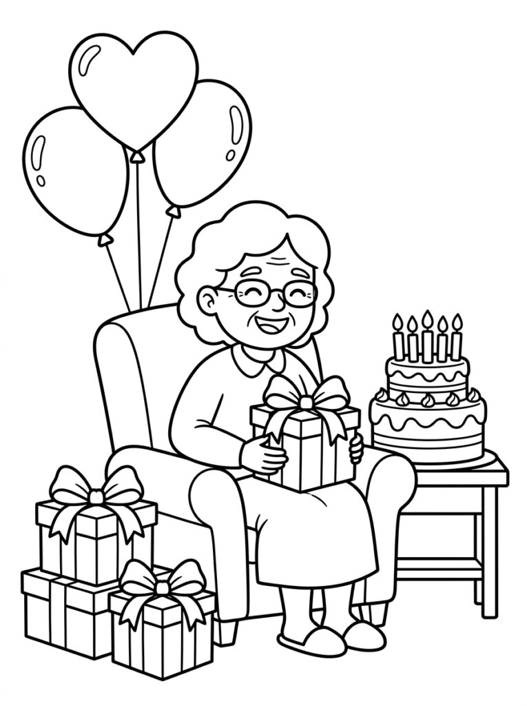 Oma in stoel met taart ballonnen en cadeaus