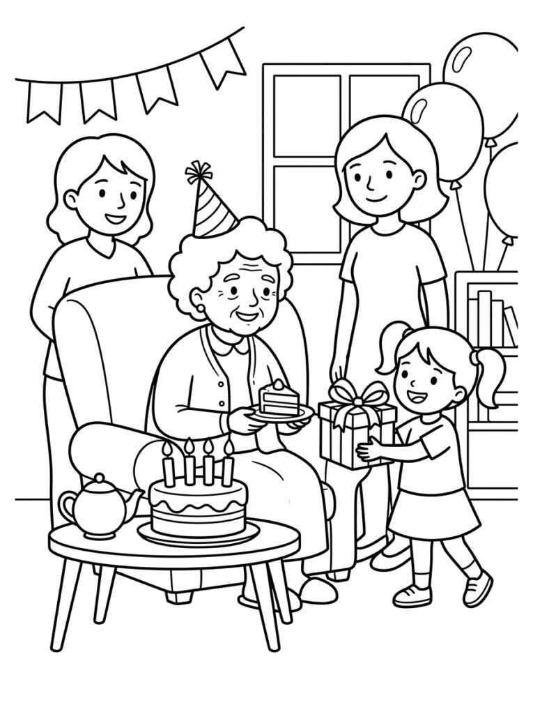 Oma met hoedje en meisje met cadeau
