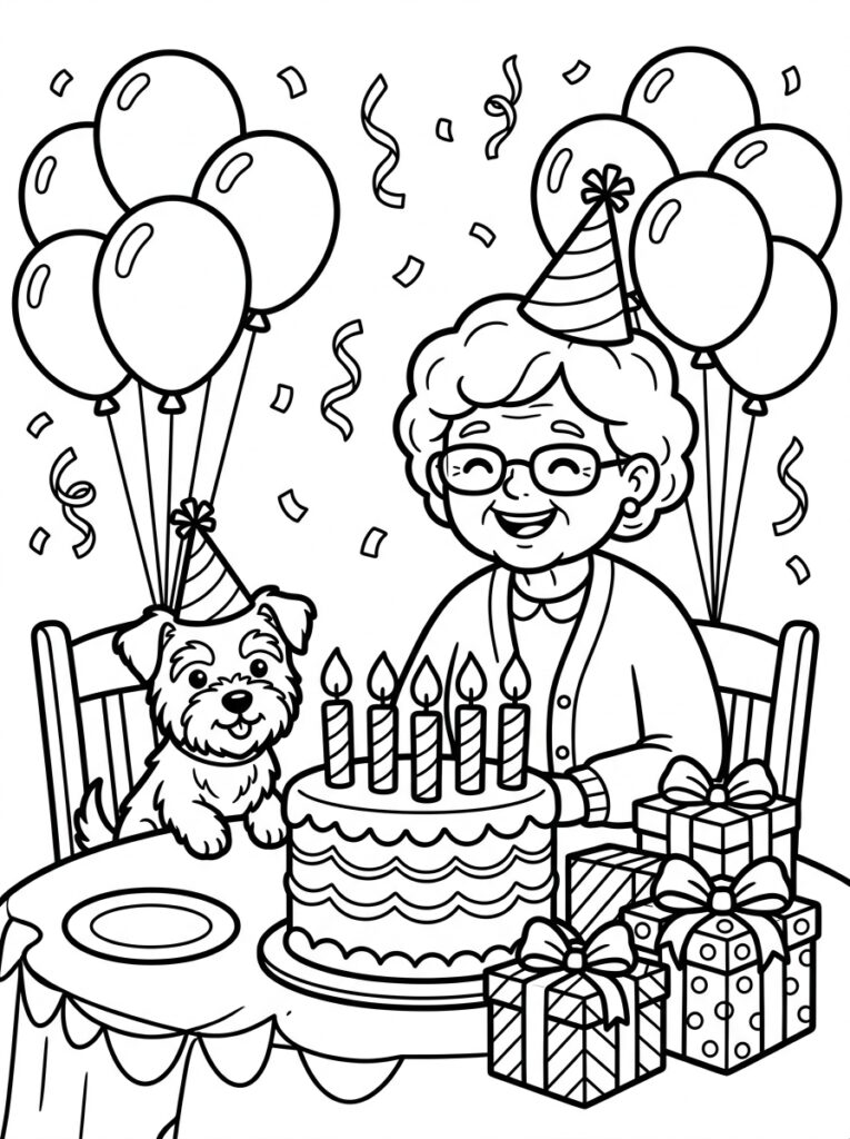 Oma met hond bij taart met kaarsen en ballonnen