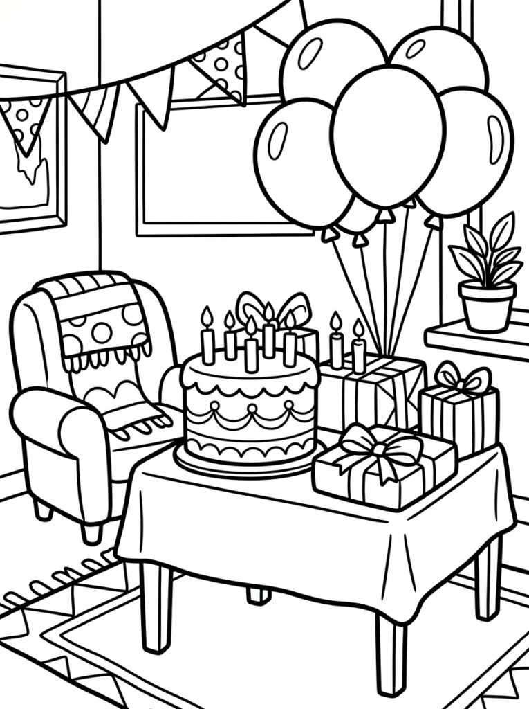 Taart met kaarsen op tafel met ballonnen en cadeaus