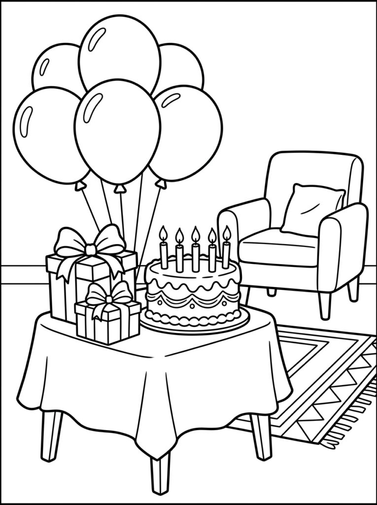Taart met kaarsen naast ballonnen en cadeaus