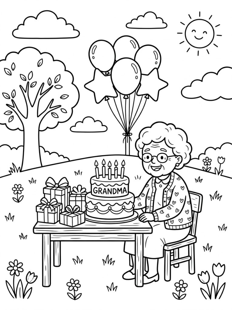 Oma zit bij verjaardagstaart met ballonnen en cadeaus