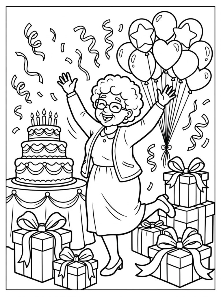 Oma danst met opgeheven armen en ballonnen