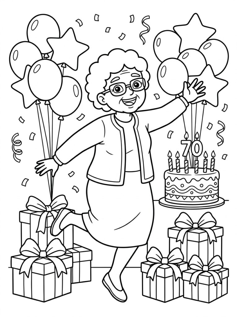 Oma houdt ballonnen vast bij taart met zeventig