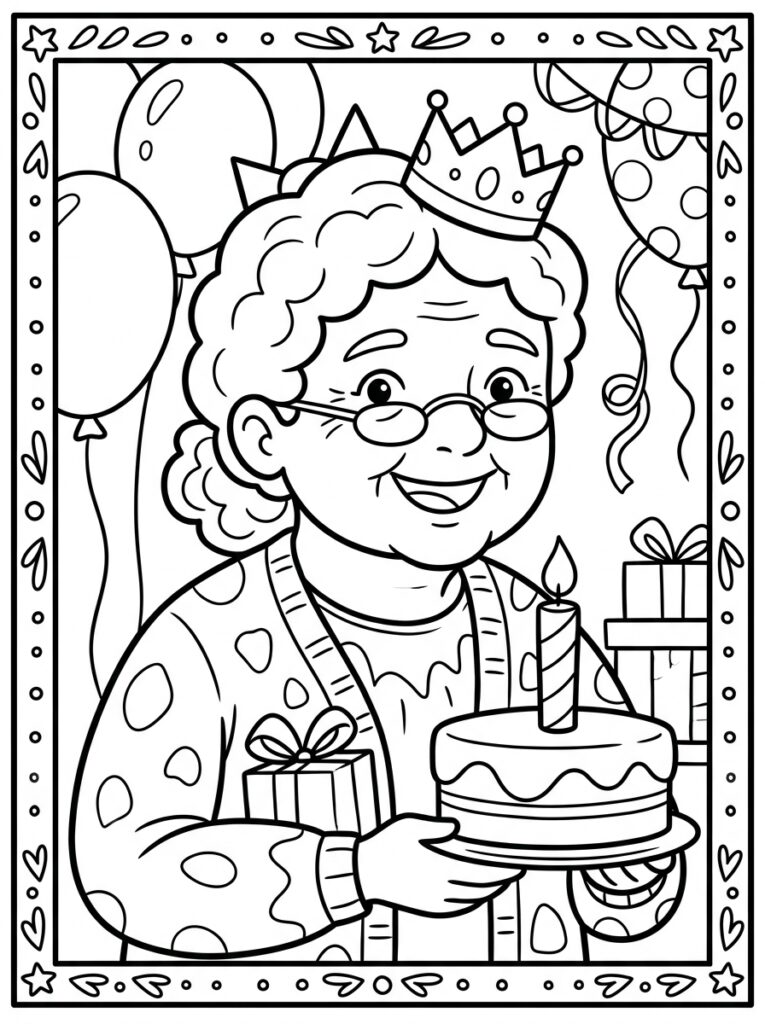 Oma met kroon houdt taart en cadeau vast