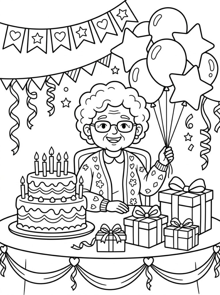 Oma met ballonnen naast verjaardagstaart en cadeaus