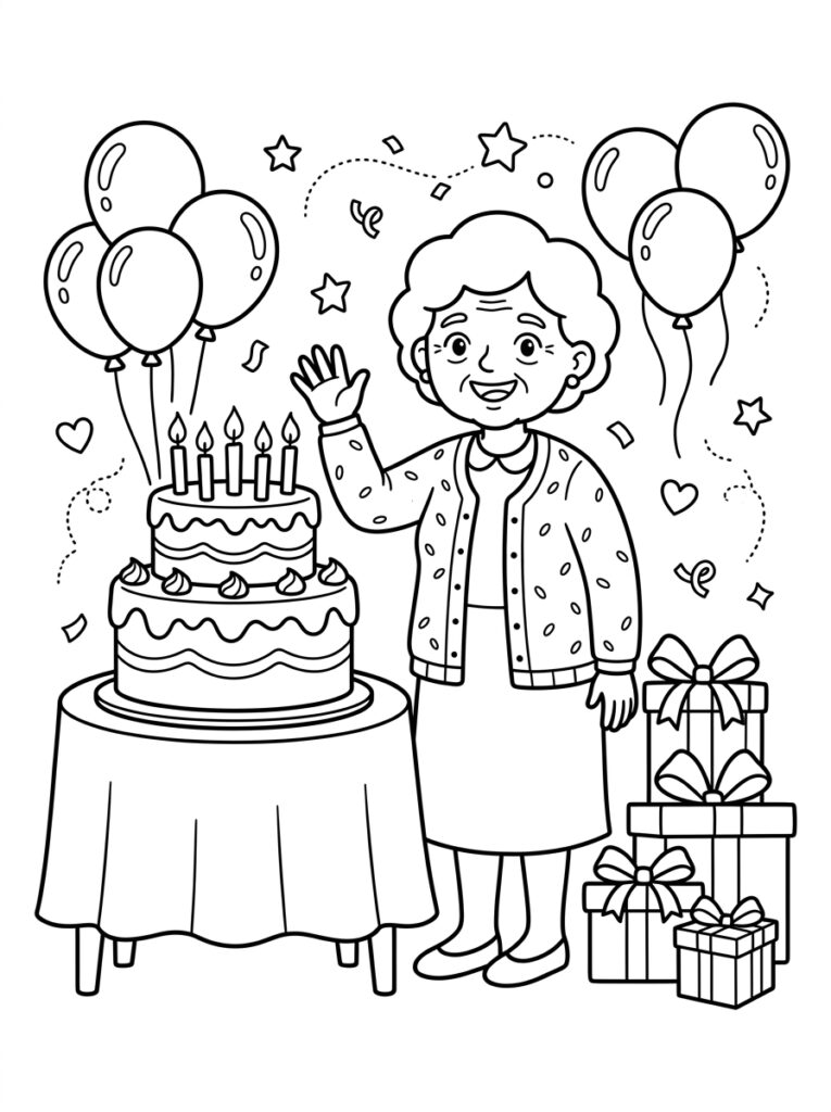 Oma zwaait bij taart met kaarsen en ballonnen