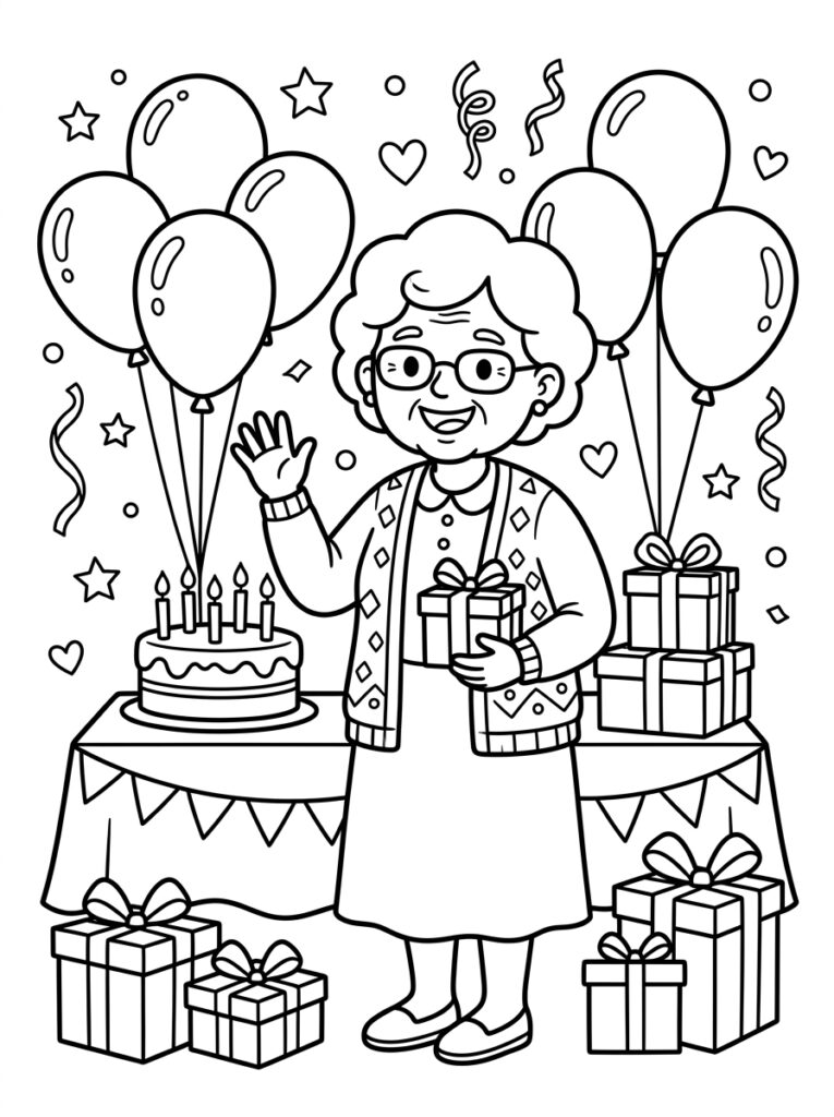 Oma met bril zwaait bij taart ballonnen en cadeaus