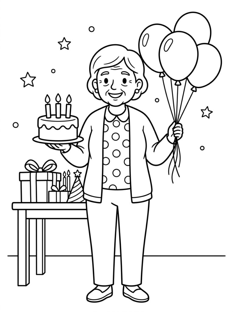 Oma houdt taart vast en bos ballonnen
