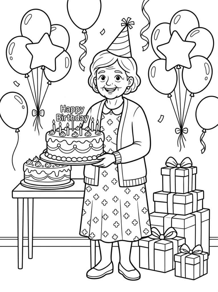 Oma met feestmuts houdt taart vast met ballonnen