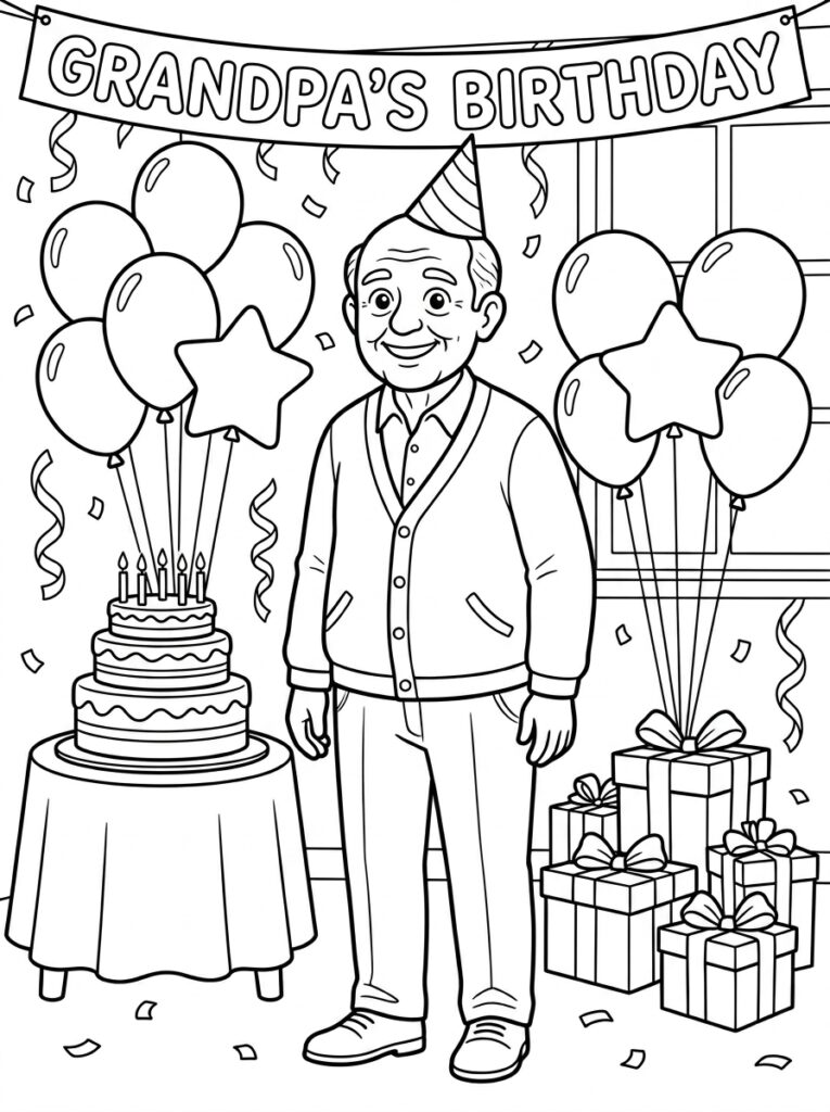 Opa met feestmuts bij ballonnen cadeaus en verjaardagstaart