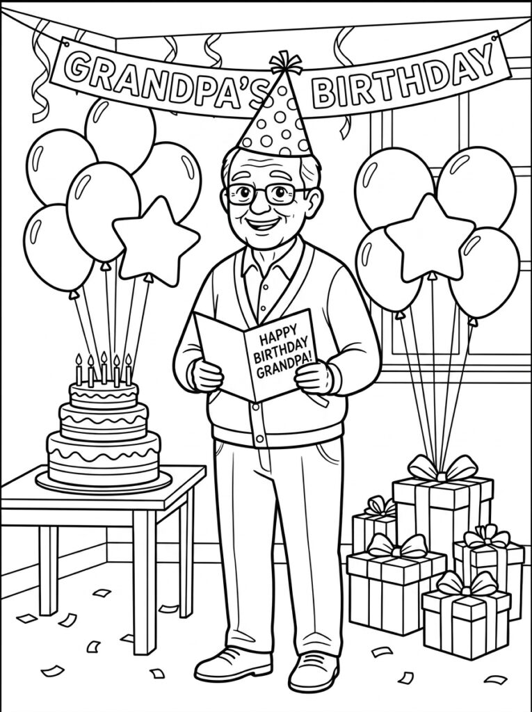 Opa leest verjaardagskaart met ballonnen en cadeaus