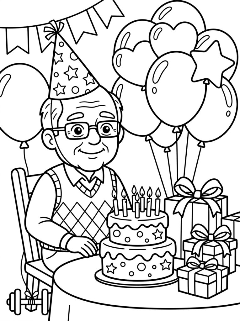 Opa zit aan tafel met verjaardagstaart en ballonnen