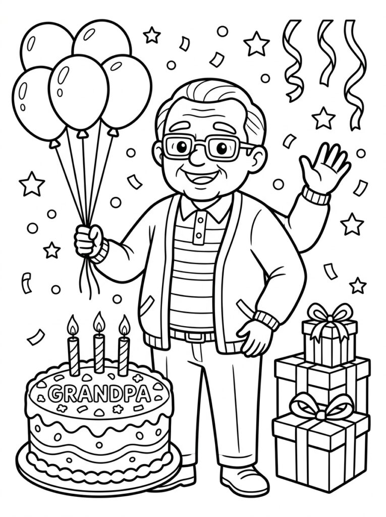 Opa met ballonnen zwaait bij verjaardagstaart