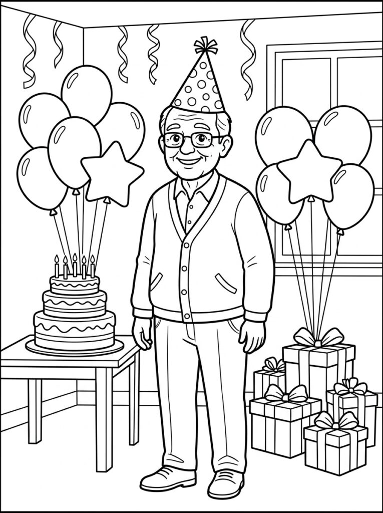 Opa met feestmuts tussen ballonnen en cadeaus