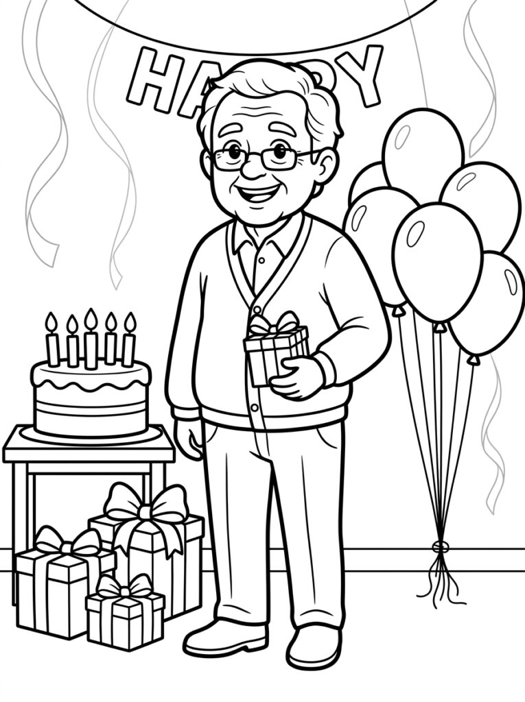 Opa met cadeau bij verjaardagstaart en ballonnen