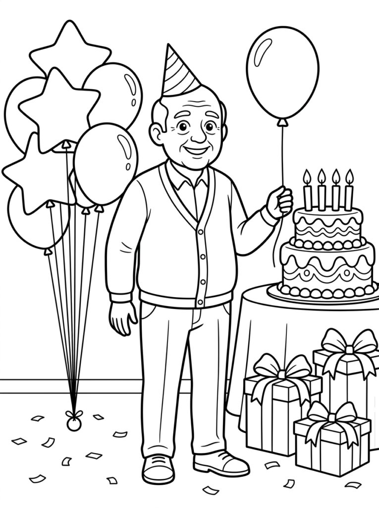 Opa met feestmuts houdt ballon bij verjaardagstaart en cadeaus