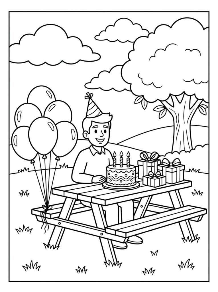 Papa met feestmuts aan picknicktafel met taart ballonnen cadeaus