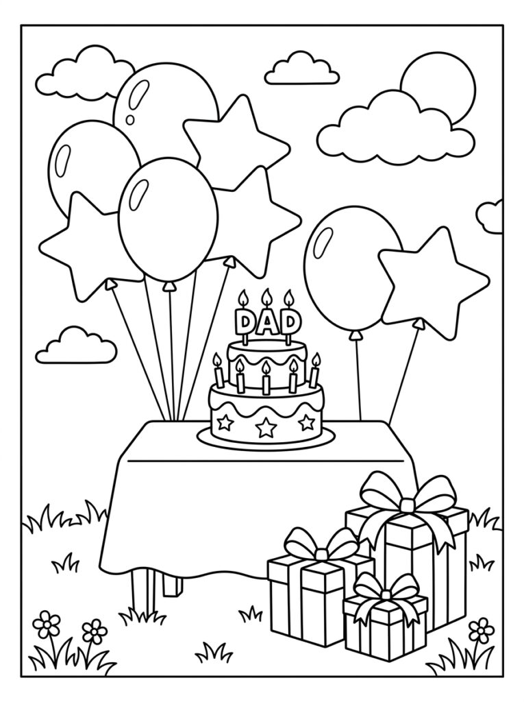 Taart met kaarsen ballonnen en cadeaus op gedekte tafel