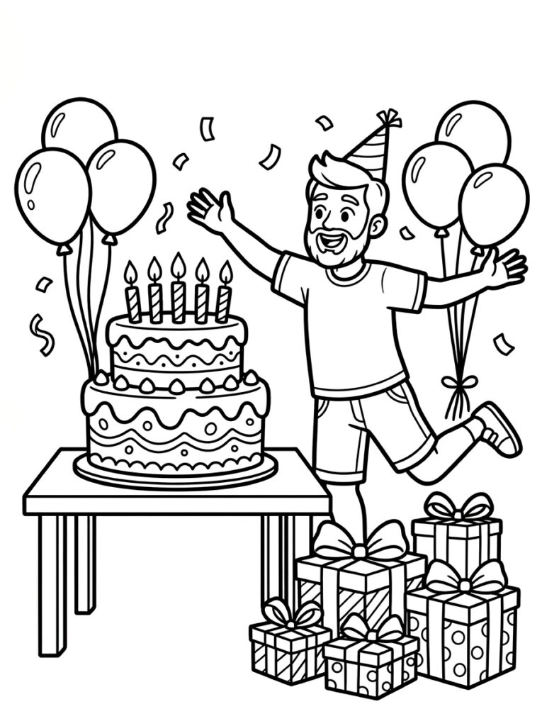 Papa met baard springt bij taart ballonnen en cadeaus