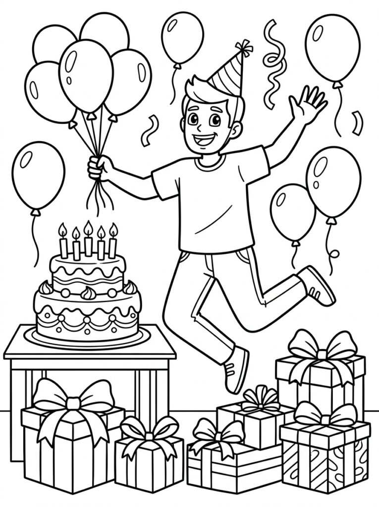 Papa met feestmuts springt met ballonnen bij taart cadeaus