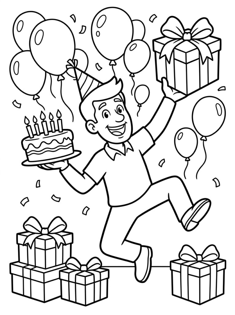 Papa met feestmuts houdt taart en cadeau tussen ballonnen