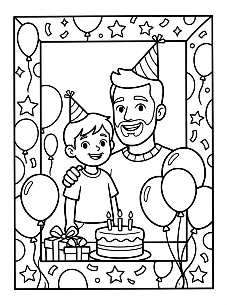 Papa en zoon met feestmutsen bij verjaardagstaart