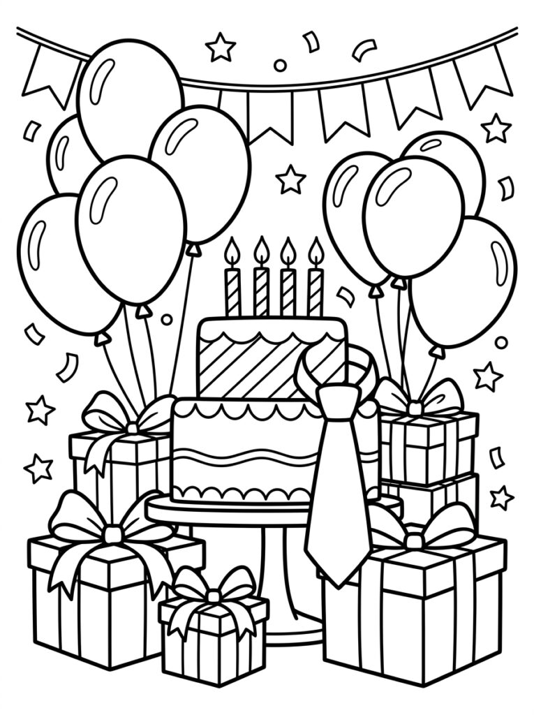 Verjaardagstaart met stropdas tussen ballonnen en cadeaus