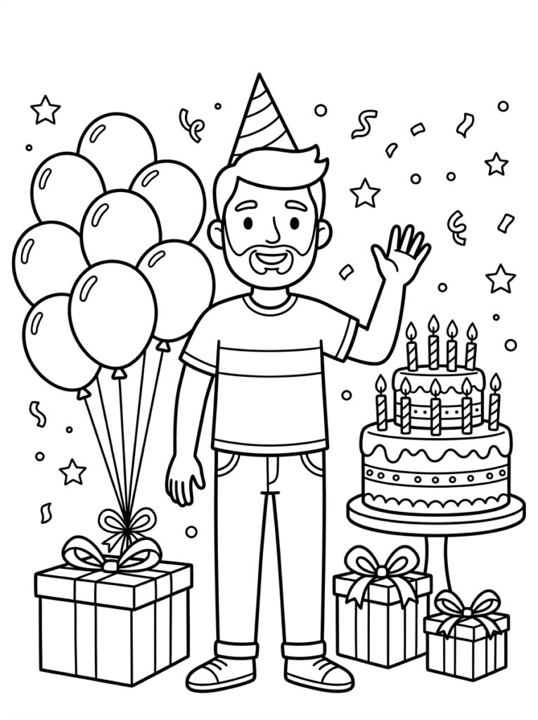 Papa met feestmuts bij ballonnen taart en cadeaus