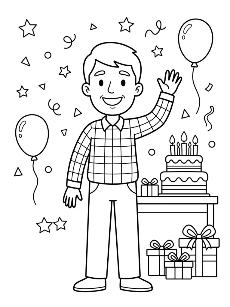 Papa in geruit shirt bij taart en ballonnen