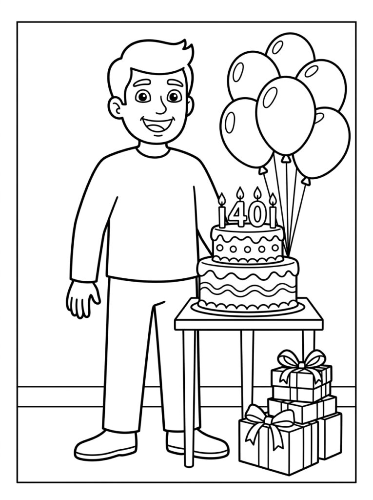Papa bij taart met veertig kaarsjes en ballonnen