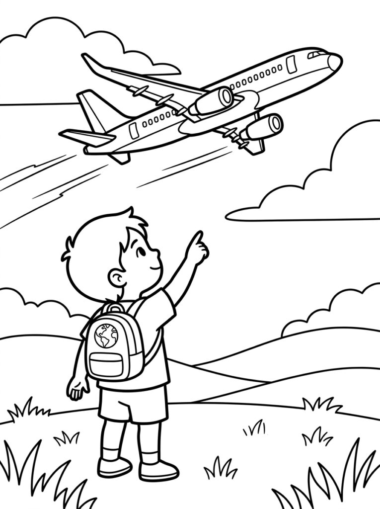 Kleurplaat van een jongen met rugzak die naar een groot vliegtuig in de lucht wijst