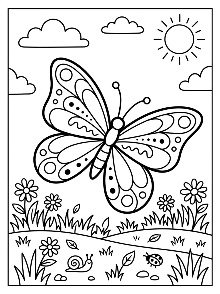 Vlinder boven bloemen met slak en lieveheersbeestje