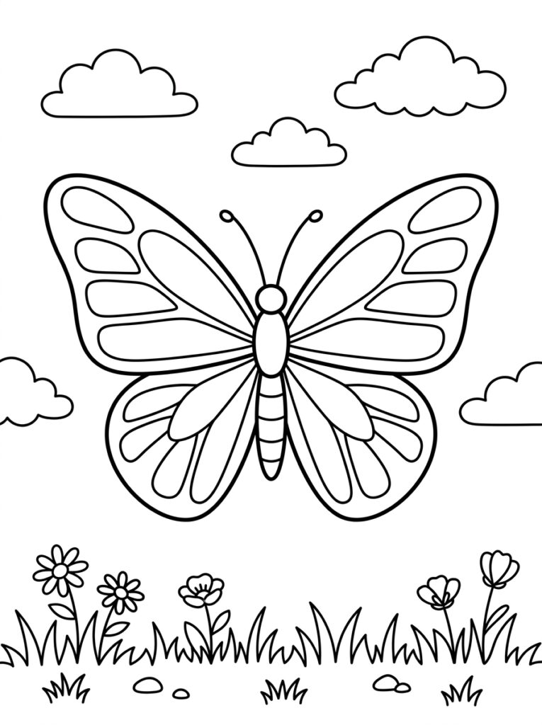 Vlinder met brede vleugels boven bloemen en wolken