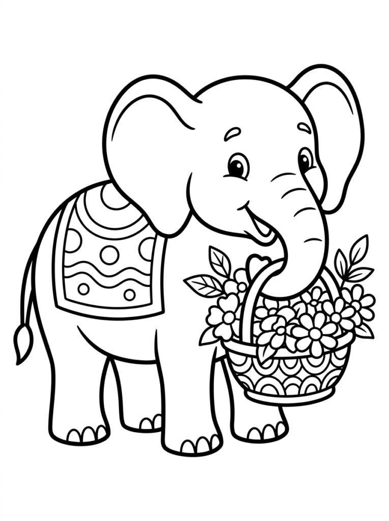Olifant met bloemenmand in slurf en deken op rug