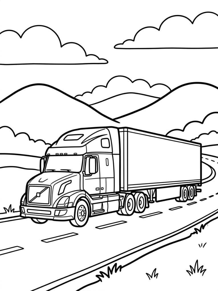 Kleurplaat van een vrachtwagen met oplegger rijdend op een weg door heuvels met wolken