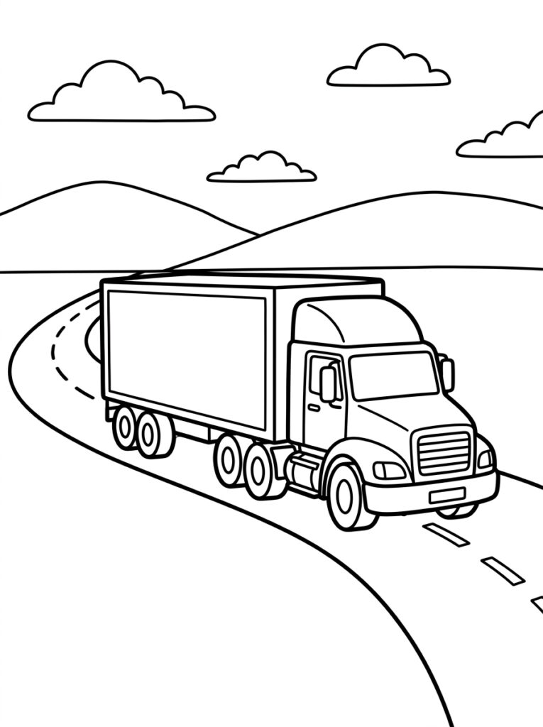 Kleurplaat van een vrachtwagen met oplegger op een bochtige weg met heuvels en wolken